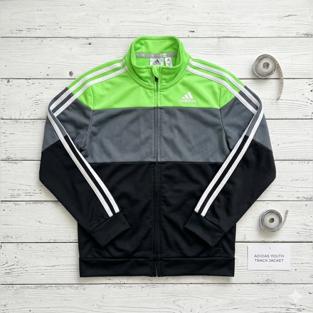 Adidas Boys Size 7 Colorblock Track Jacket Neon Green Gray Black Full Zip